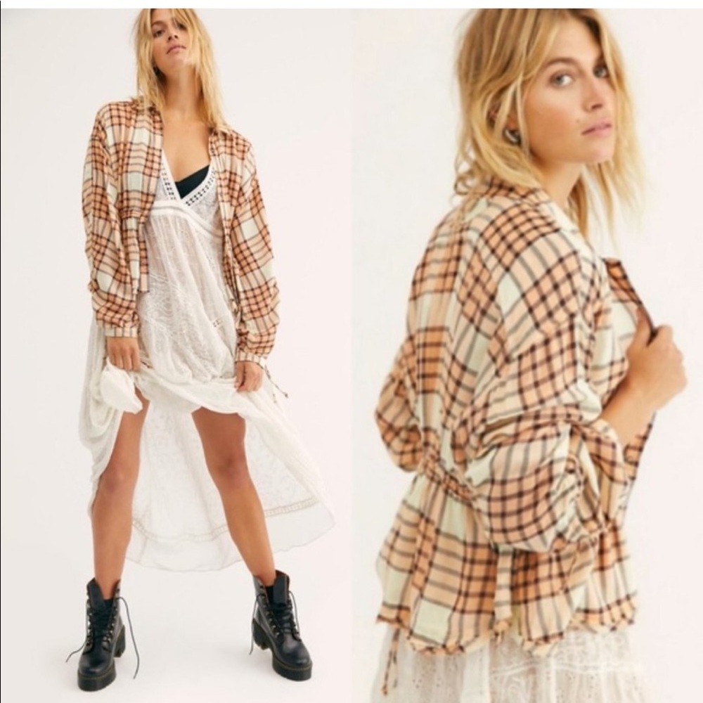 New free people we the free pacific dawn plaid peach tree combo button down med